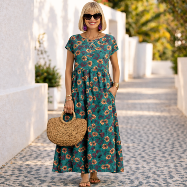 Versatile women's flowy midi dress in a chic floral pattern, perfect for warm weather spring and summer fashion.