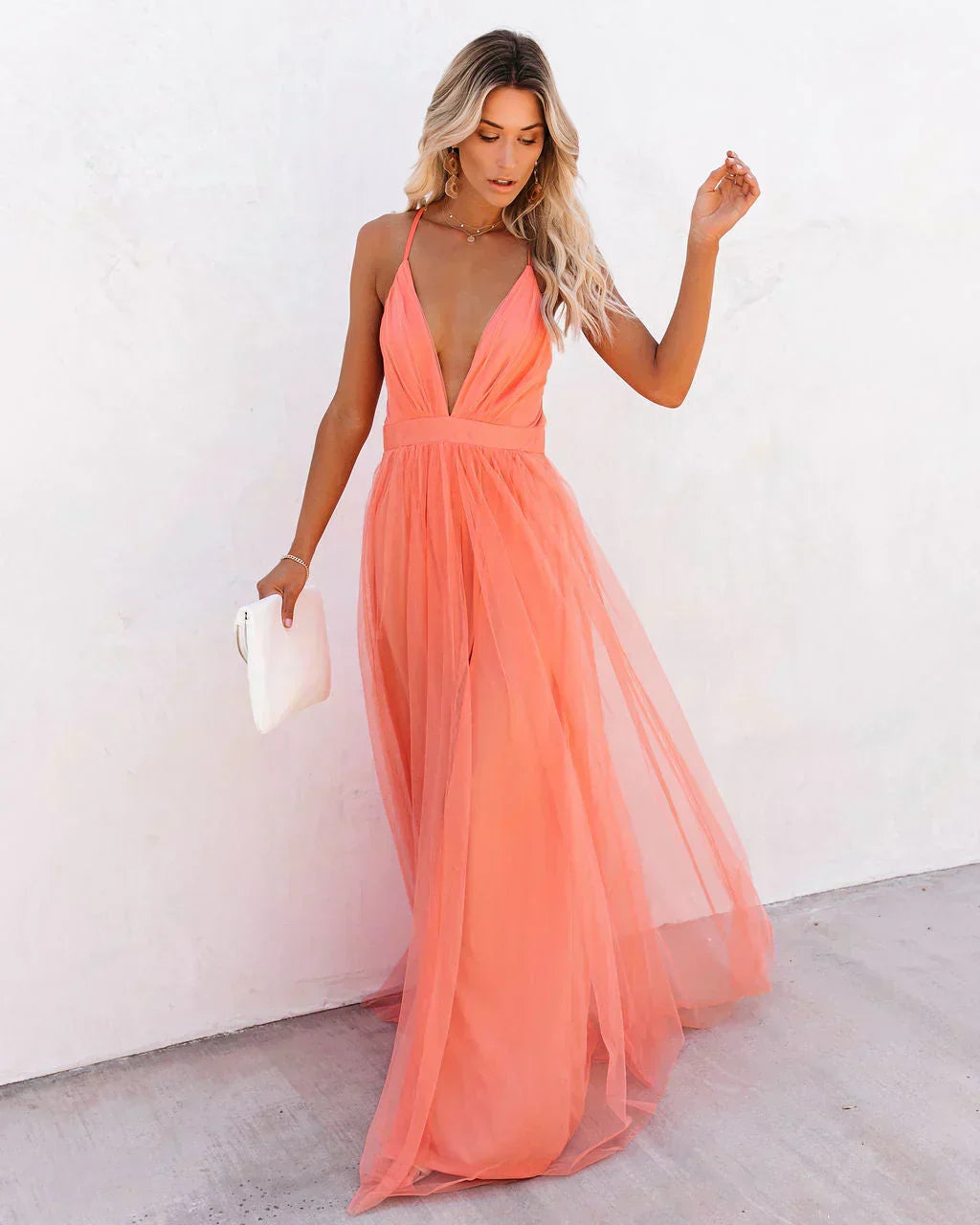 Comfortable long summer dress for women. Chic flowing design provides a feminine, elegant look.
