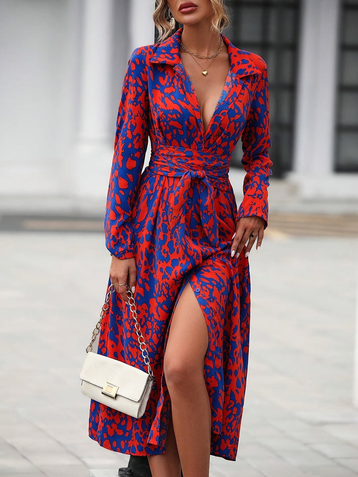 Trendy women's geometric print midi dress, a vibrant belted shirt dress for modern style.