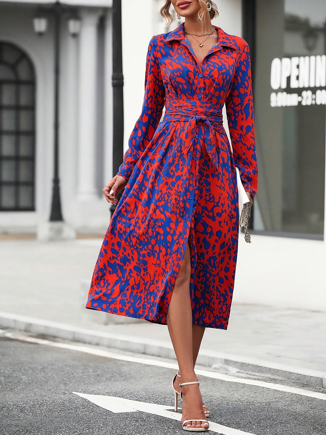 Stylish women's geometric print midi dress with belt, perfect for summer.