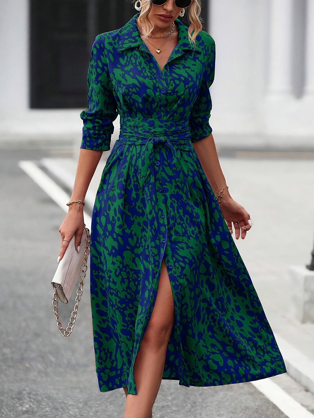 Fashionable women's geometric print belted midi dress, a versatile summer shirt dress.