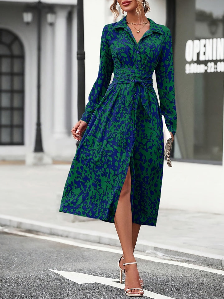 Women's geometric print midi dress, a vibrant belted shirt dress style for all occasions.