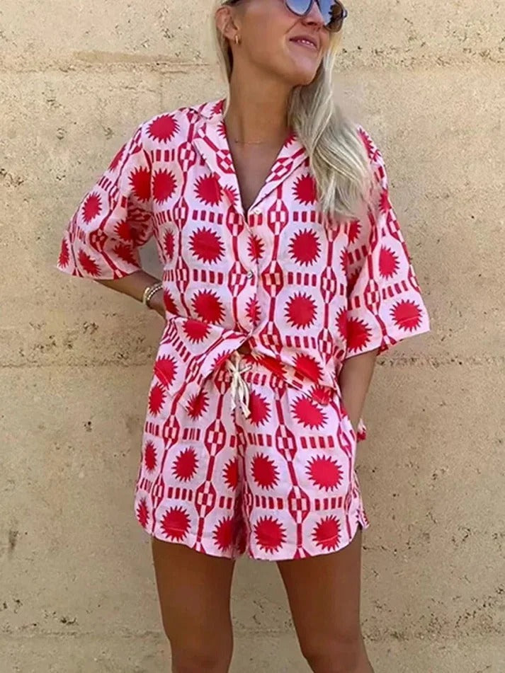Casual women's matching pink geometric print shirt & shorts set, a fashionable two-piece for summer outfits & resort wear.
