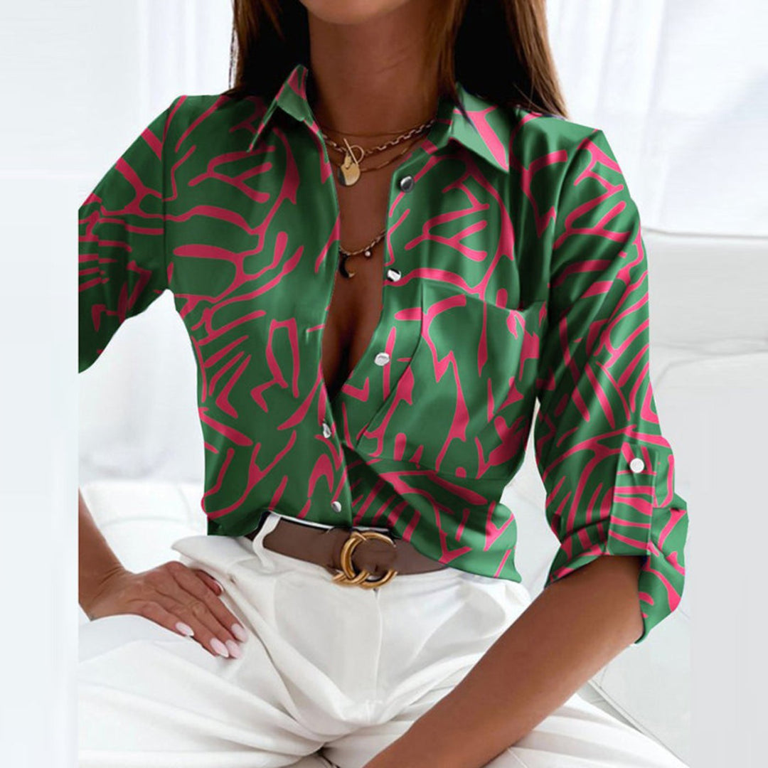 Chic women's long sleeve geometric print satin top, a versatile button-down blouse for everyday elegance.