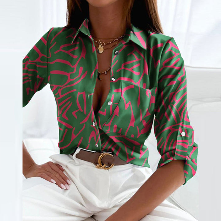 Chic women's long sleeve geometric print satin top, a versatile button-down blouse for everyday elegance.