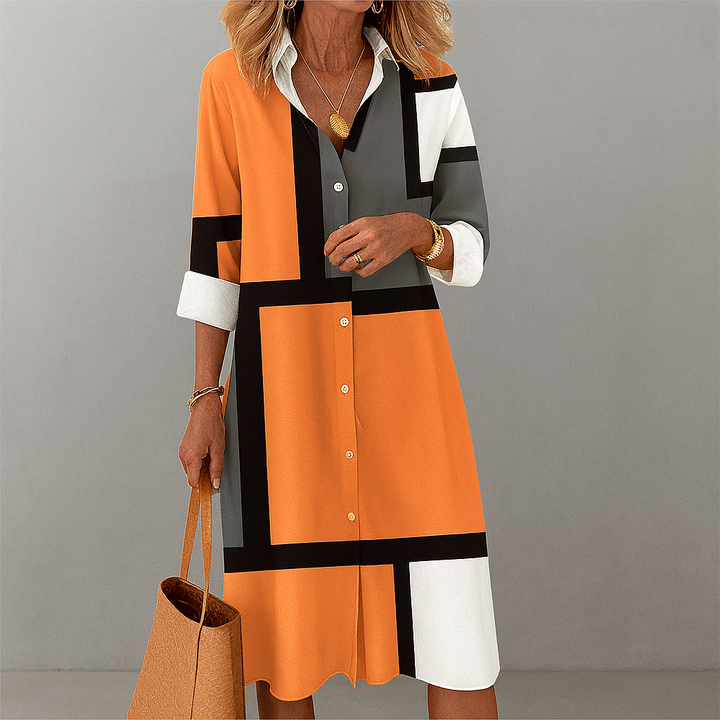 Women's chic geometric print shirt dress, knee-length, 3/4 sleeve, perfect for summer casual style.