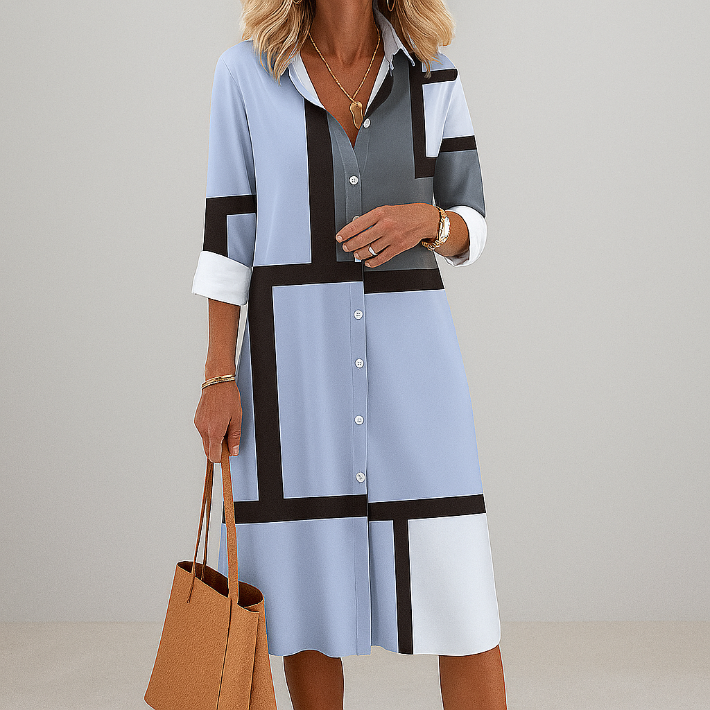 Stylish women's button-down shirt dress with vibrant geometric print, relaxed fit for versatile spring fashion.