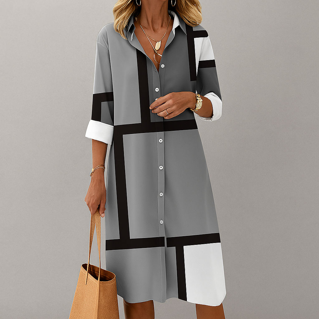 Casual women's knee-length shirt dress, featuring a unique geometric print and comfortable 3/4 sleeves.
