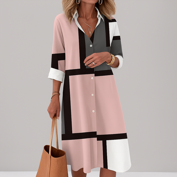 Effortless women's geometric print shirt dress, a stylish spring/summer essential with 3/4 sleeves.