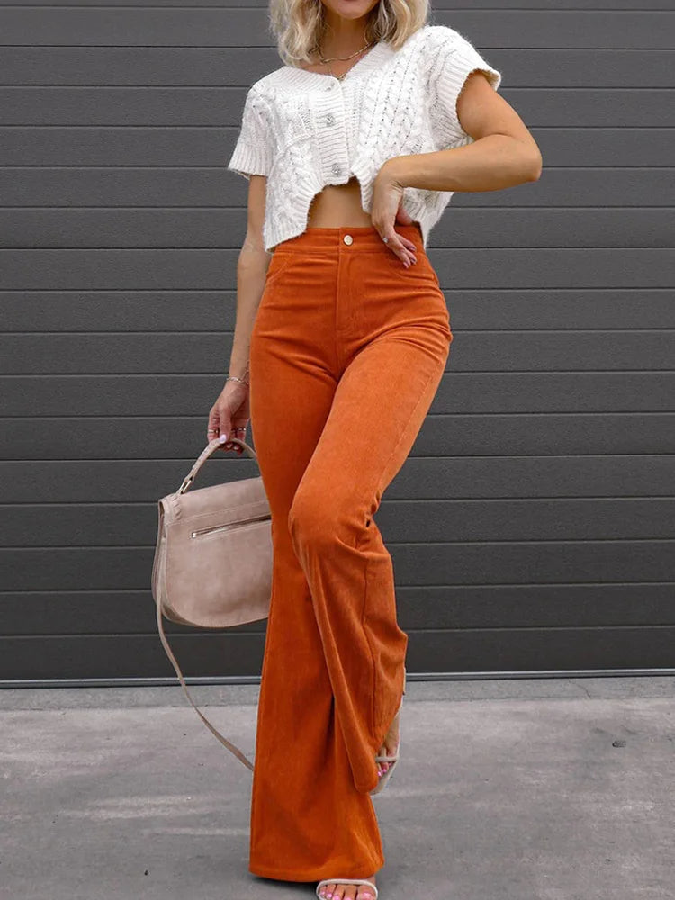 Trendy women's high-waisted flare pants with a stylish slim fit, ideal for casual chic looks.