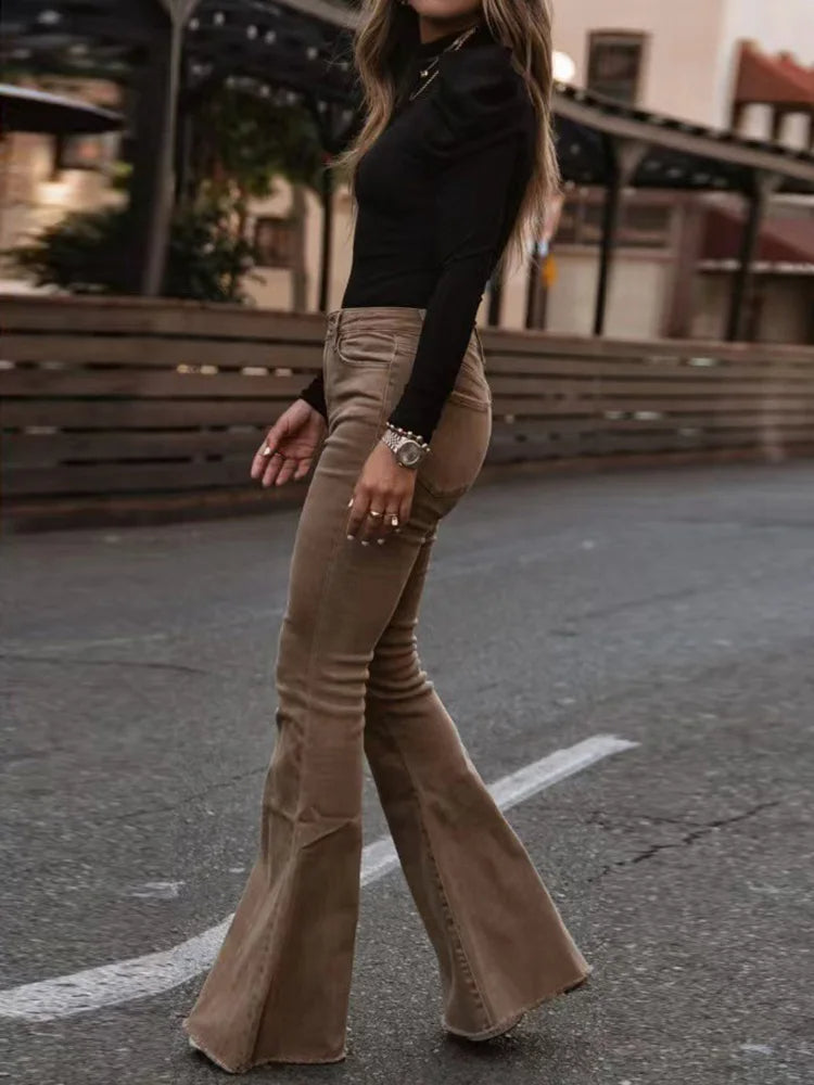 Women's stylish high-waisted flare pants, featuring a flattering slim fit and trendy wide leg.