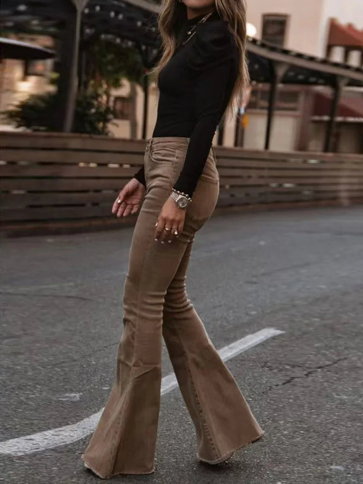 Women's stylish high-waisted flare pants, featuring a flattering slim fit and trendy wide leg.