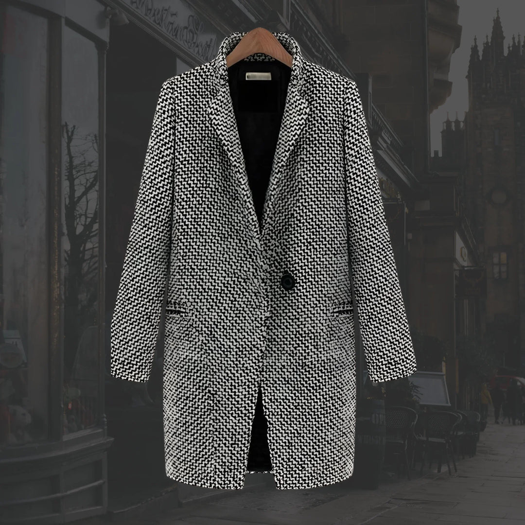 Women's chic houndstooth winter trench coat with single button closure. Elegant, tailored fit for warmth.