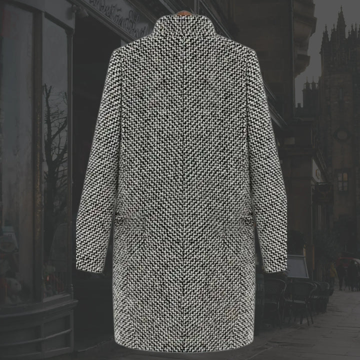 Elegant women's houndstooth winter coat. Single button trench, tailored & warm. Perfect for fall & winter fashion.