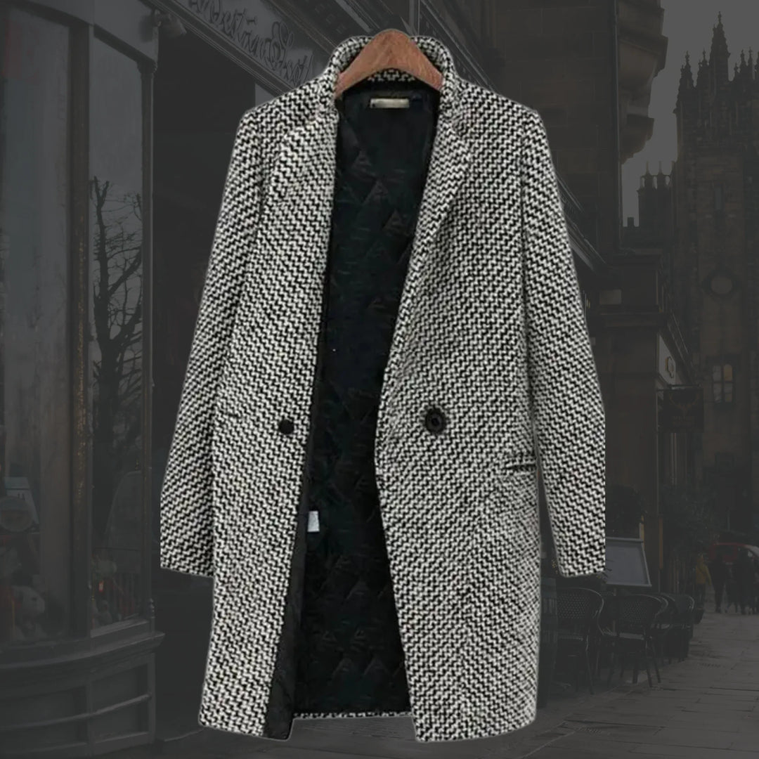 Plus size women's classic houndstooth trench coat with a single button. Chic winter outerwear, tailored & warm.