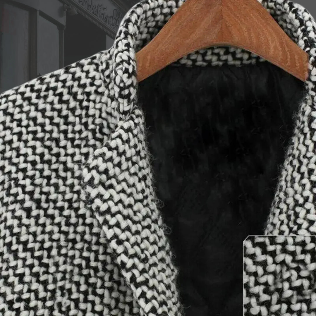 Sophisticated women's houndstooth winter trench coat featuring a single button. Tailored fit, warm & stylish.