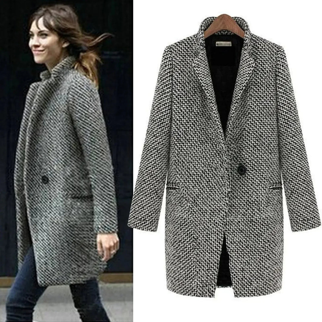 Fashionable women's long sleeve houndstooth winter coat. Single button, warm, elegant & chic tailored fit.
