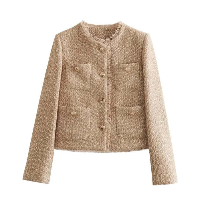 Elegant women's cropped jacket, a versatile khaki fashion piece with pockets for a chic outerwear look.