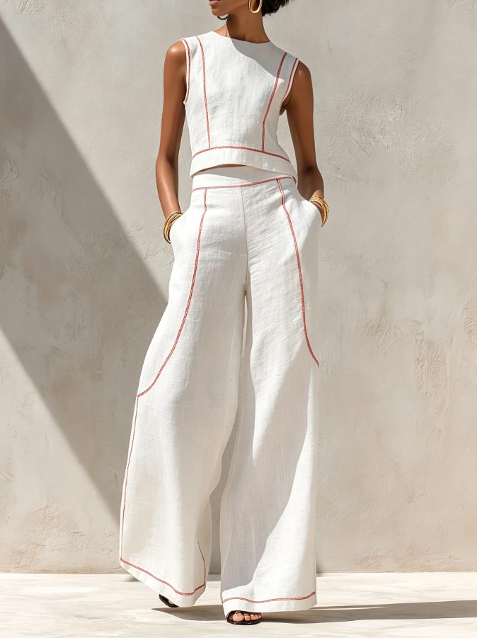 Women's chic linen sleeveless wide-leg two-piece set, perfect for summer casual wear.