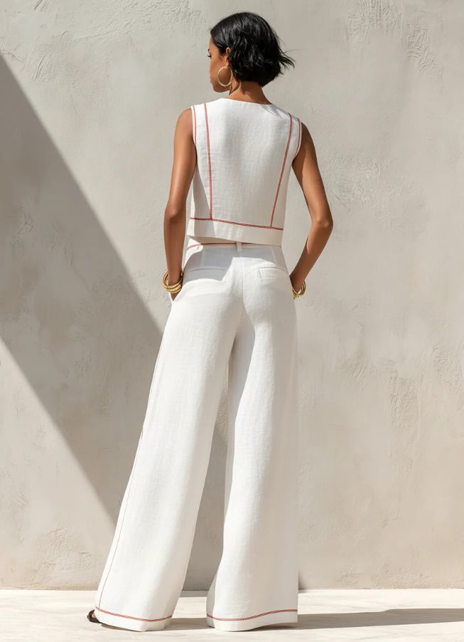 Sleeveless linen two-piece set for women with wide-leg pants; stylish loungewear or summer casual outfit.
