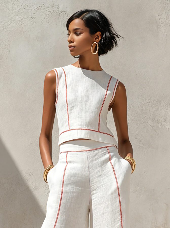 Full-length view of a women's linen sleeveless top & wide-leg pant two-piece set, a chic summer matching outfit.