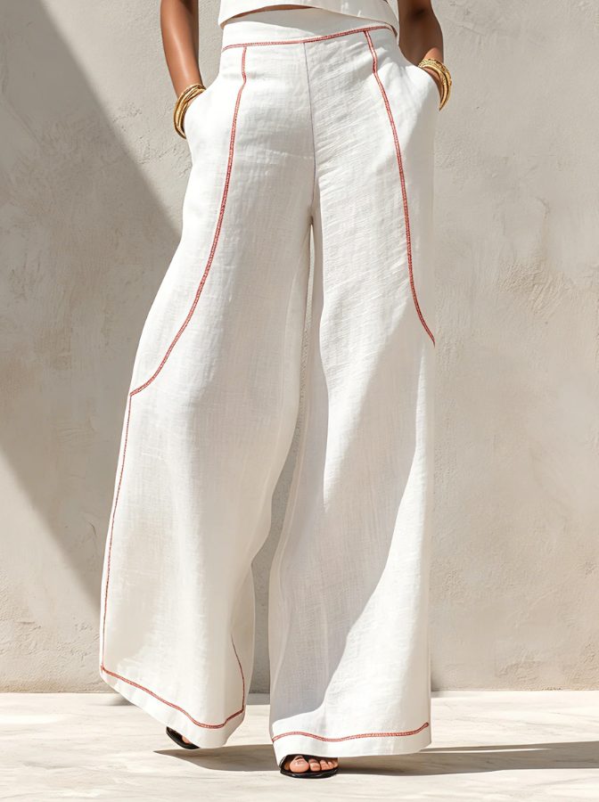 Fashionable women's sleeveless linen top & wide-leg pant matching set; ideal for summer comfort & casual chic.