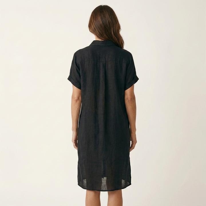 Casual women's midi shirt dress with rolled cuffs, comfortable & chic for everyday and summer.