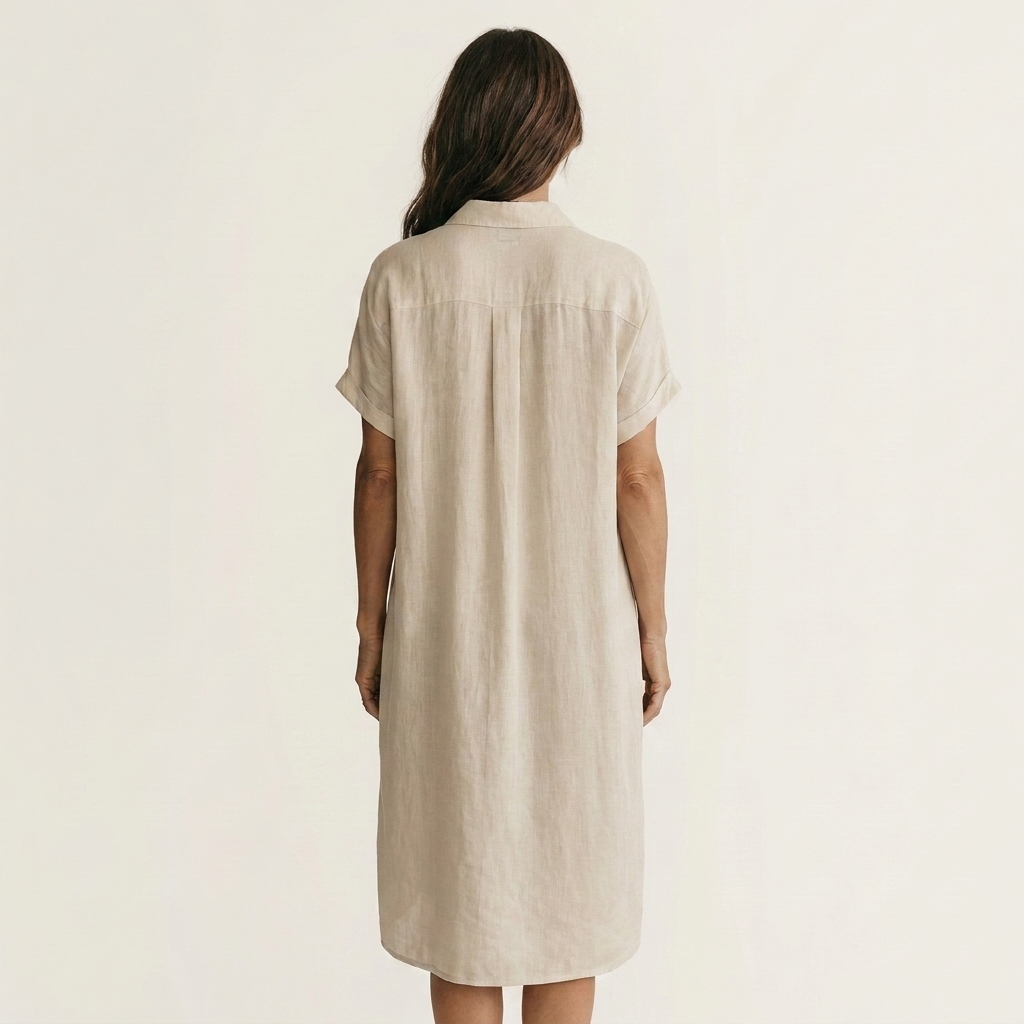 Elegant women's midi shirt dress, short sleeve with rolled cuffs, perfect for resort or holiday wear.