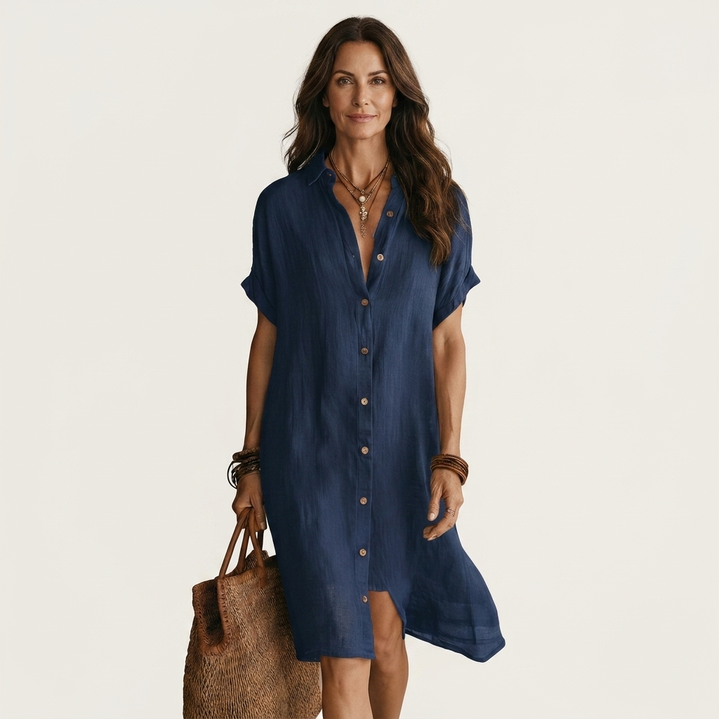 Women's casual midi shirt dress, short sleeve button-down design, ideal for summer & everyday.