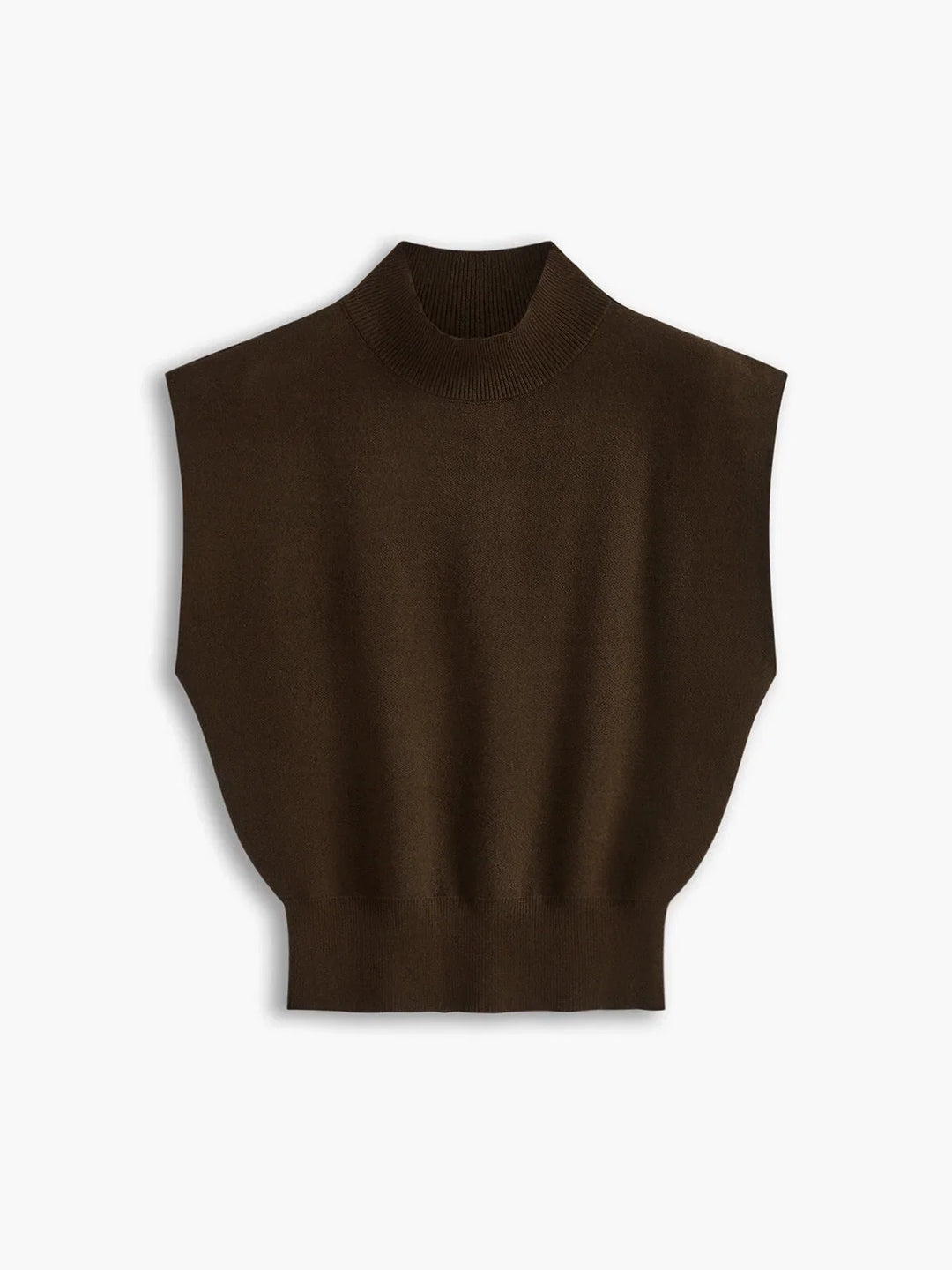 Elegant womenswear mock-neck top, padded shoulders, cap sleeves. Sophisticated layering.