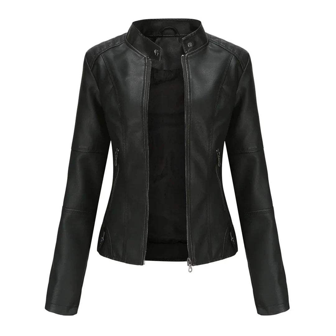 Women's chic moto jacket with stand collar, stylish zip pockets, and modern fit for versatile fashion.