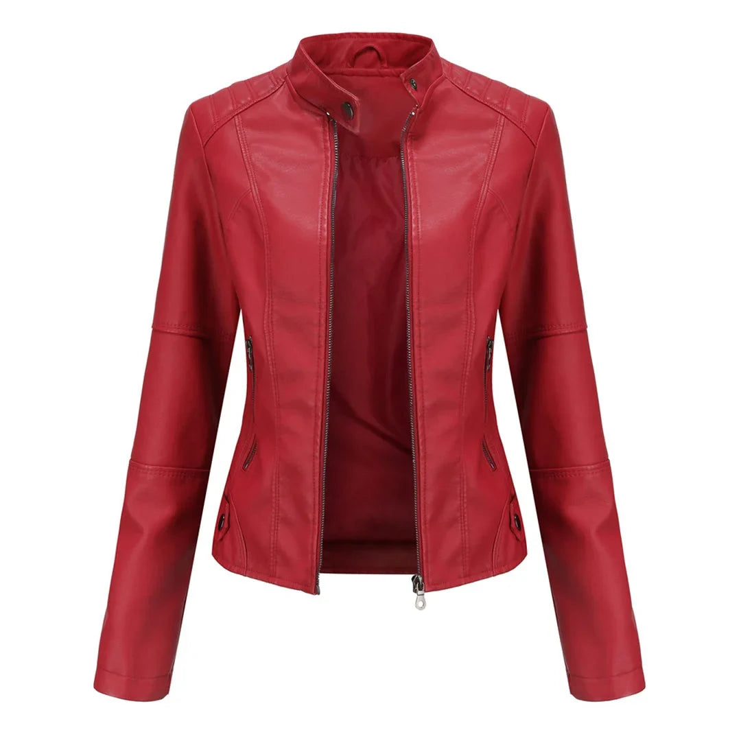 Black women's moto jacket featuring a sleek stand collar and practical zip pockets, ideal for elegant attire.