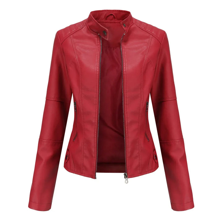 Black women's moto jacket featuring a sleek stand collar and practical zip pockets, ideal for elegant attire.