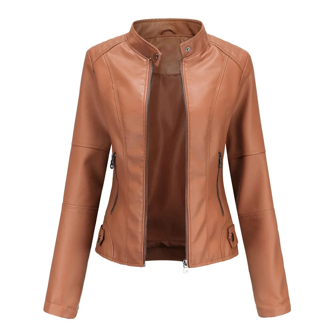 Red women's stylish moto jacket with a stand collar, zip pockets, perfect versatile outerwear for modern fashion.