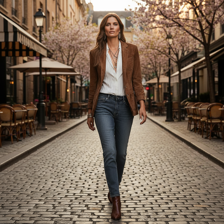 Women's long sleeve button-down blazer with notch lapel. A professional and chic outerwear staple for autumn.