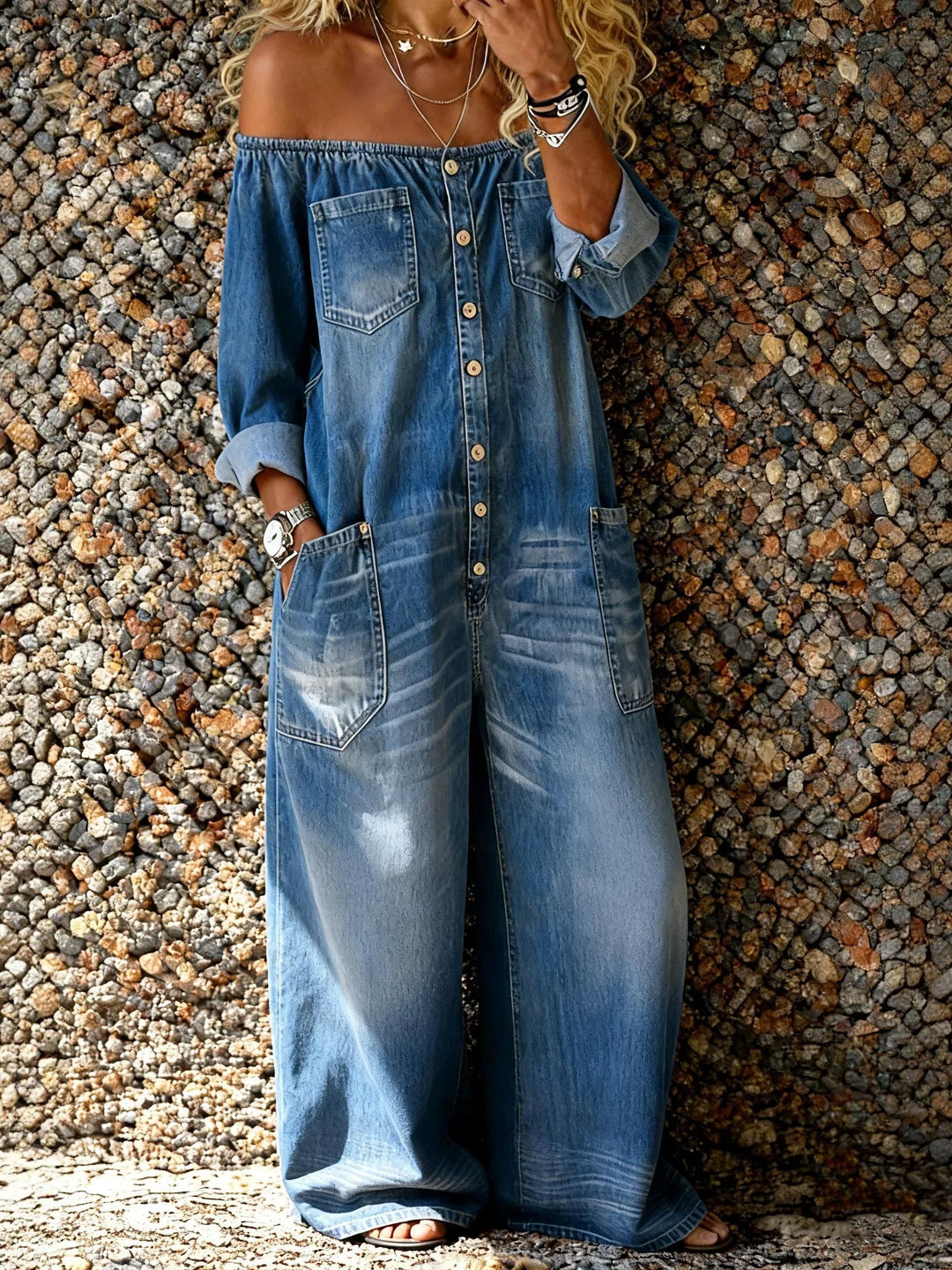 Women's chic off-shoulder jumpsuit with pockets, perfect for casual summer or autumn fashion. Relaxed fit one-piece.