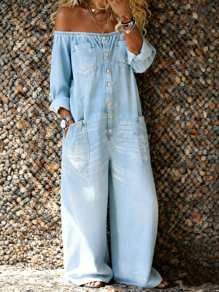 Stylish women's off-shoulder jumpsuit, featuring a button front and practical pockets. Versatile for casual summer/autumn.
