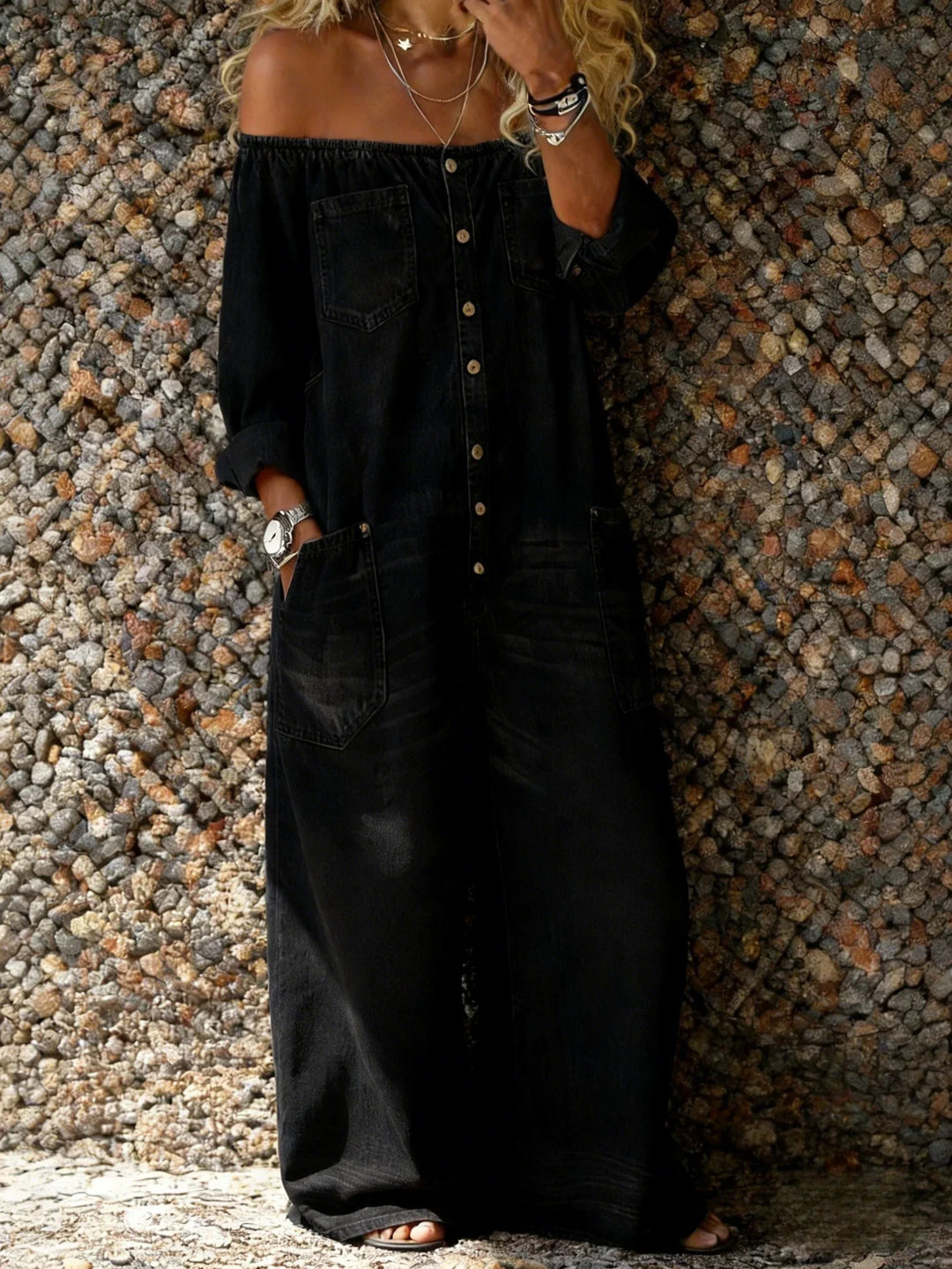 Effortless women's off-shoulder jumpsuit with button front & pockets. Relaxed fit, perfect for versatile casual style.