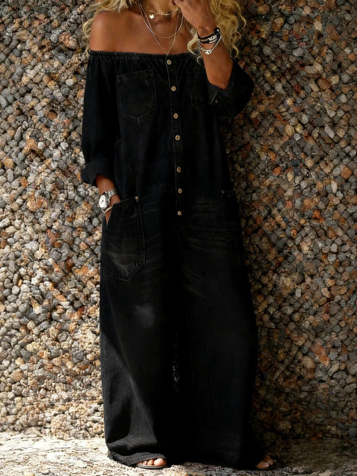 Effortless women's off-shoulder jumpsuit with button front & pockets. Relaxed fit, perfect for versatile casual style.