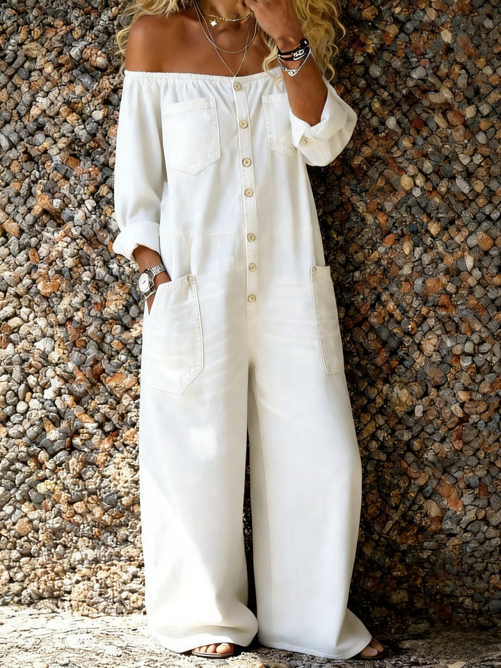Fashionable women's off-shoulder one-piece jumpsuit with practical pockets and button front for casual summer autumn.