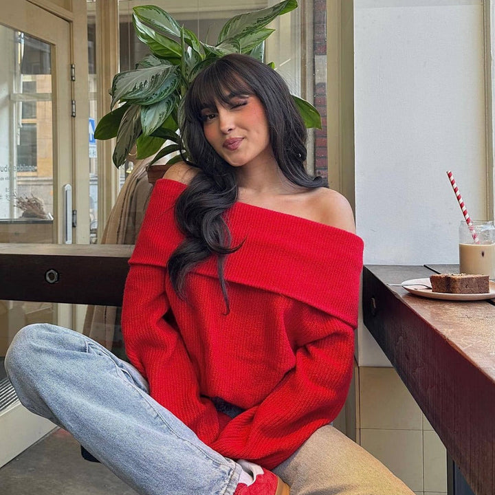 Soft knit off-shoulder women's sweater, a comfortable and elegant jumper pullover for cooler seasons.