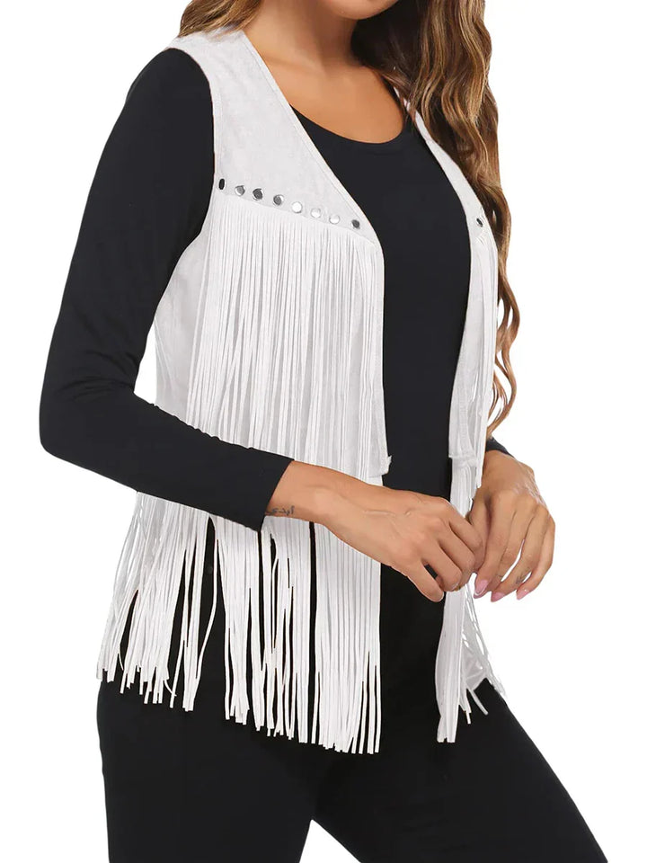Women's fringe vest styled on a model, demonstrating its open front and sleeveless fashion accessory look.