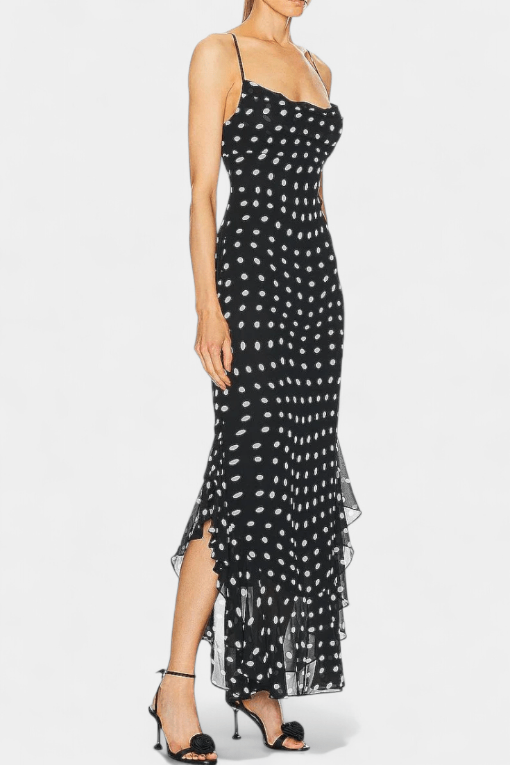 Feminine polka dot dress for women, featuring adjustable straps; ideal for summer, day, or evening wear.