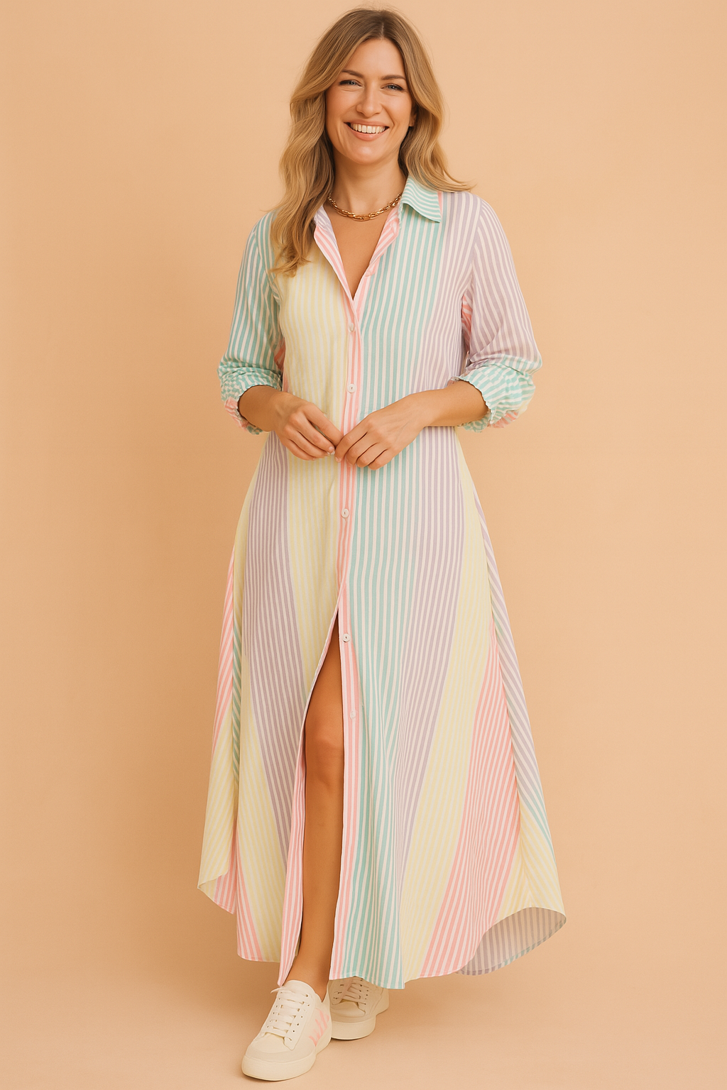 Versatile button-down shirt dress for women, with a chic print and a flattering side slit design.
