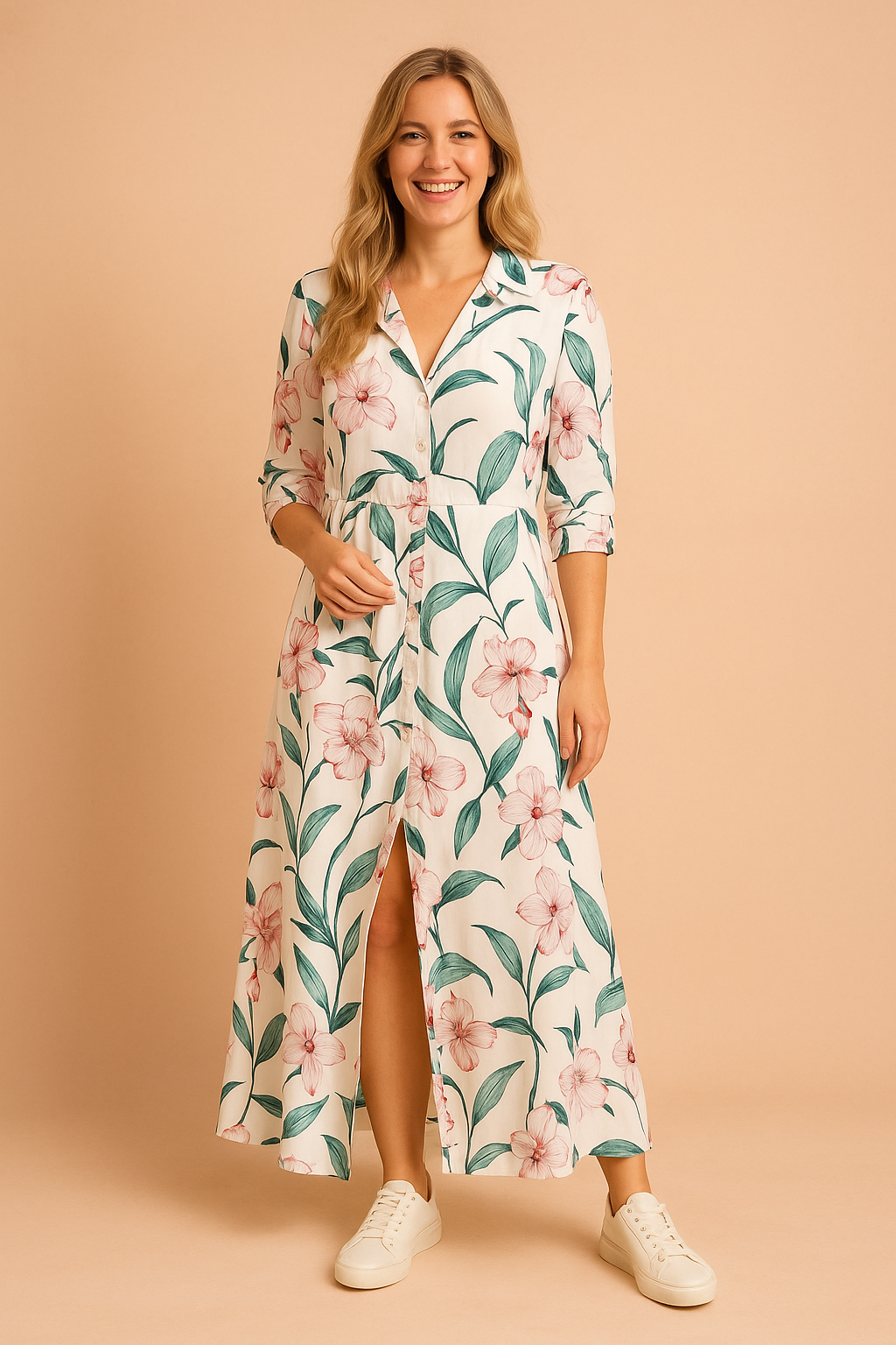 Chic women's summer shirt dress, featuring a unique print, button-down front, and a trendy side slit.