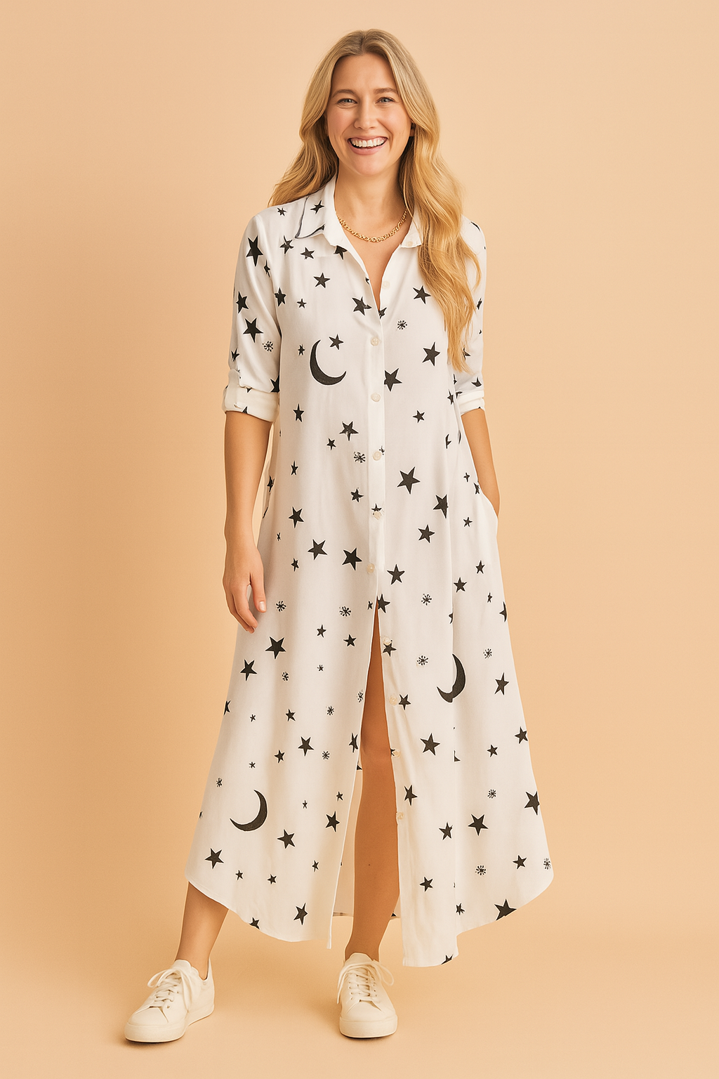 Printed maxi shirt dress for women with a side slit, offering elegant and casual spring fashion.