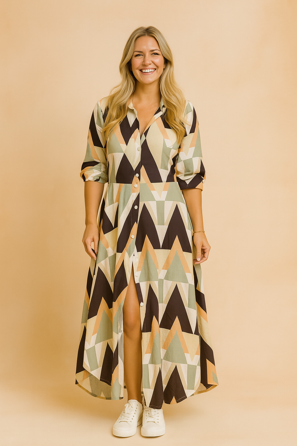 Flowy women's printed shirt dress with a stylish side slit, perfect as a casual or elegant summer maxi dress.