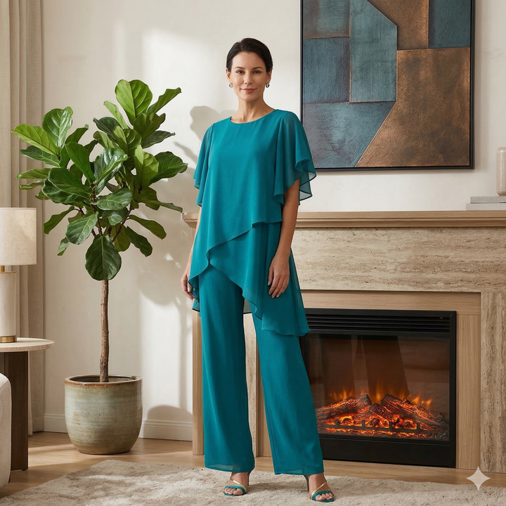 Women's elegant two-piece fashion set, featuring a layered top & wide-leg pants, very stylish.