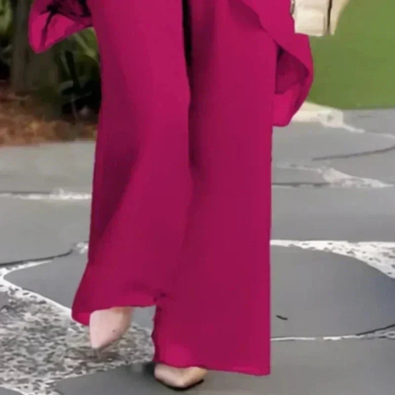 Women's layered top and wide-leg pant set, relaxed and chic for comfortable fashion.