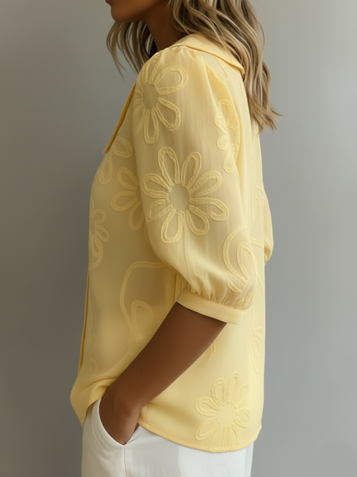 White women's summer retro short sleeve blouse with a chic collar. Elegant vintage top for casual summer.
